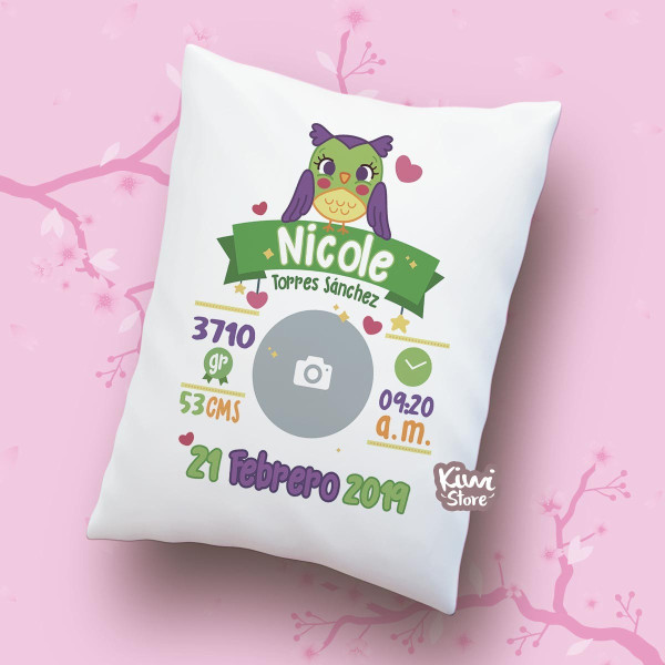 Cojín - Datos de nacimiento Búho con foto