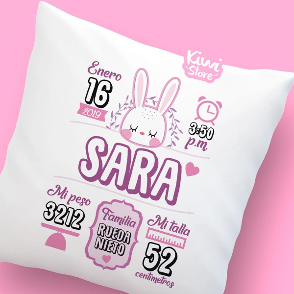 Cojín - Datos de nacimiento Conejito rosa